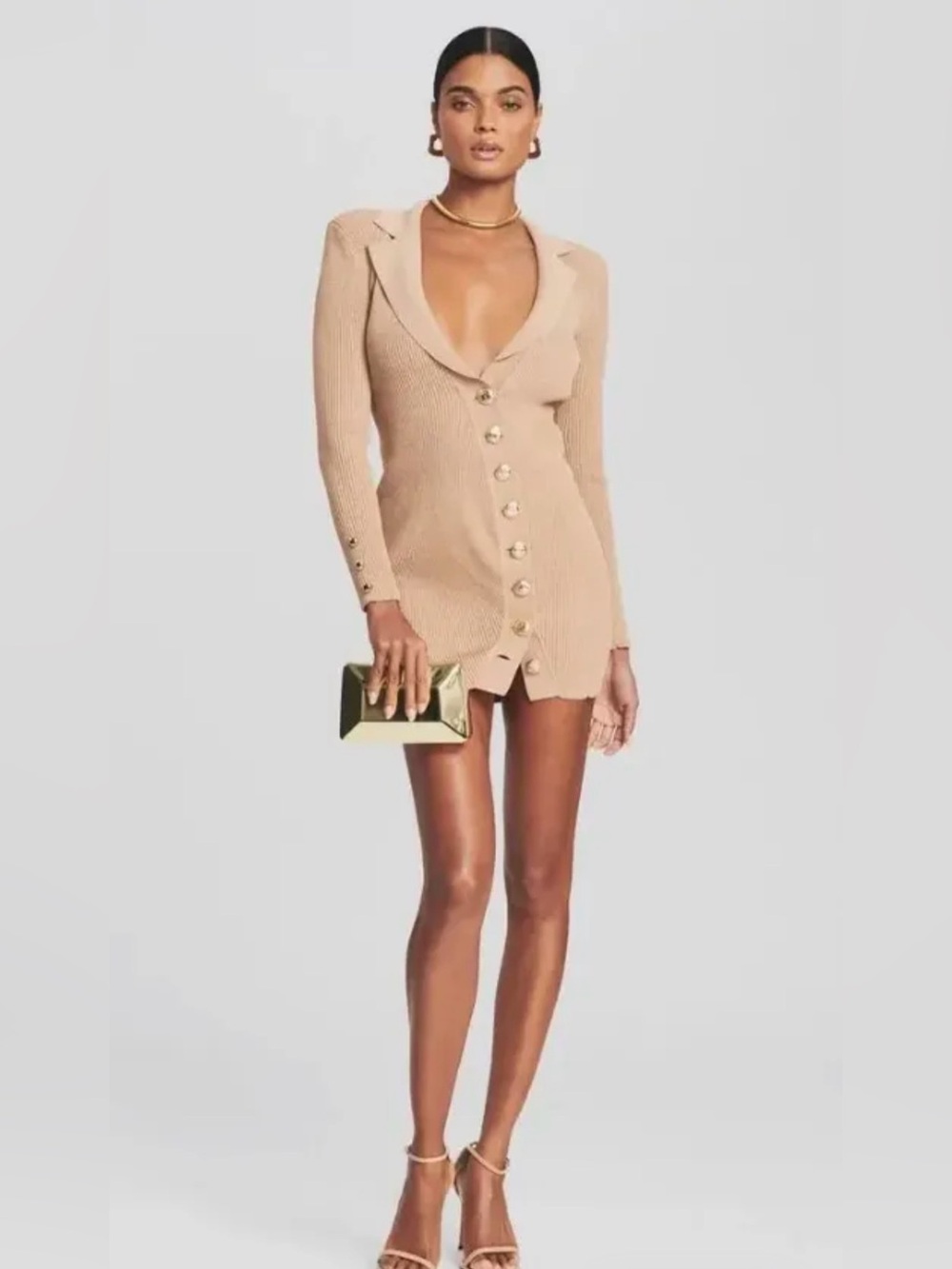 NEW Retrofete Long Sleeve Mimi Rib Knit Mini Dress Women’s Size S Nude Shimmery